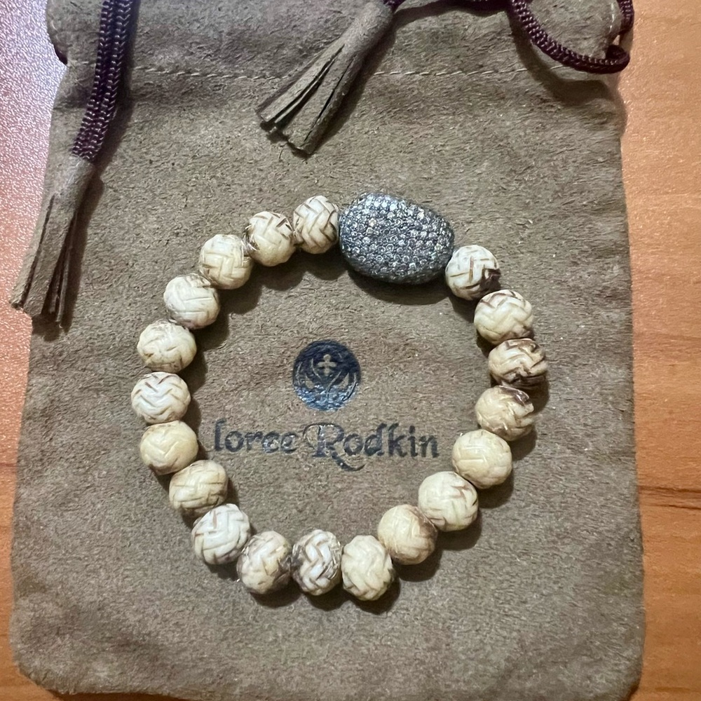 Loree Rodkin Sterling Silver Pave Diamond Station Carved Beaded Bracelet RARE!